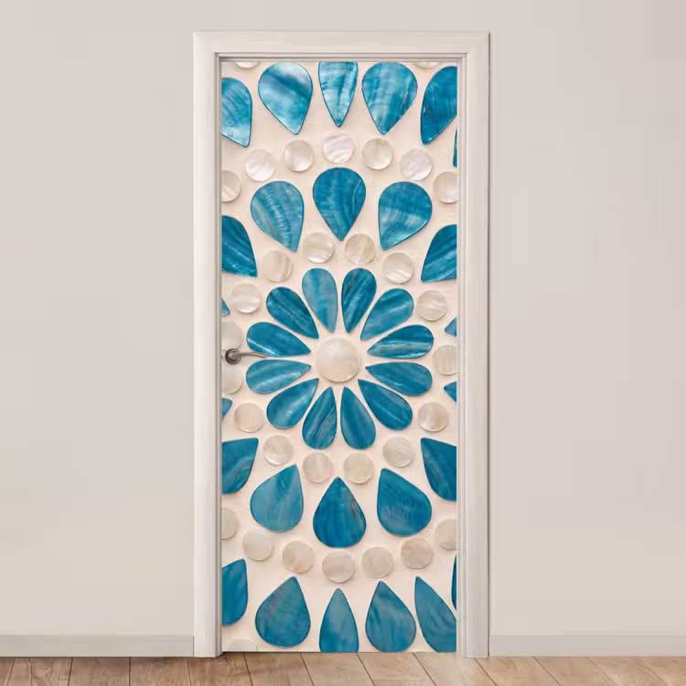 Patroon - Mozaïek - Schelpen - Abstract - Turquoise deurposter klein -3d_beige