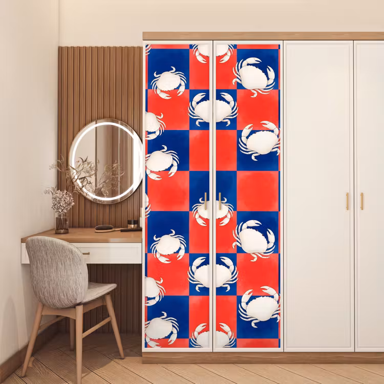 Patroon - Zeeleven - Rood - Blauw - Abstract deurposter klein -sfeer3