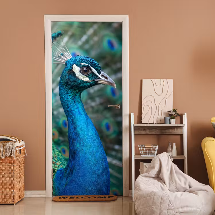 Pauw - Veren - Blauw deurposter klein -sfeer1