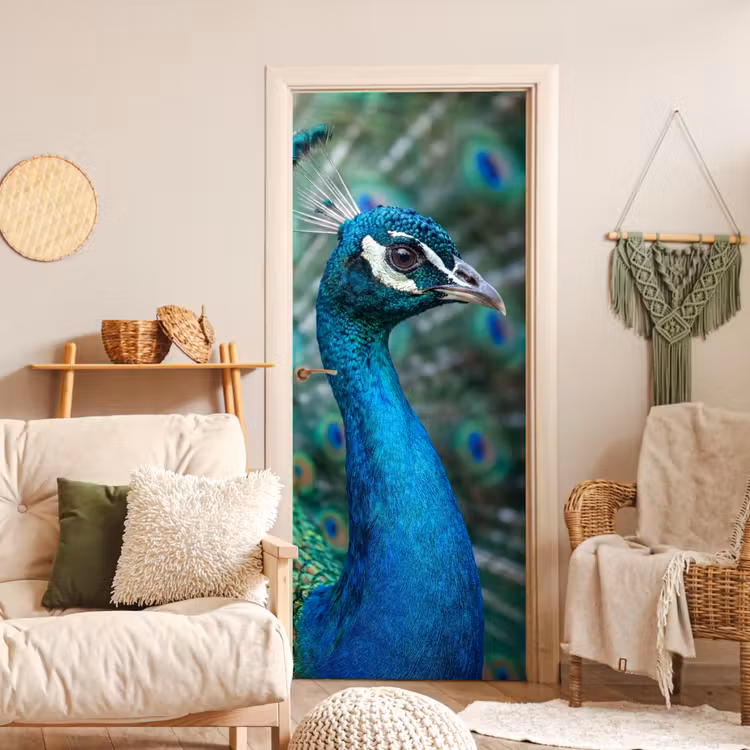 Pauw - Veren - Blauw deurposter klein -sfeer2