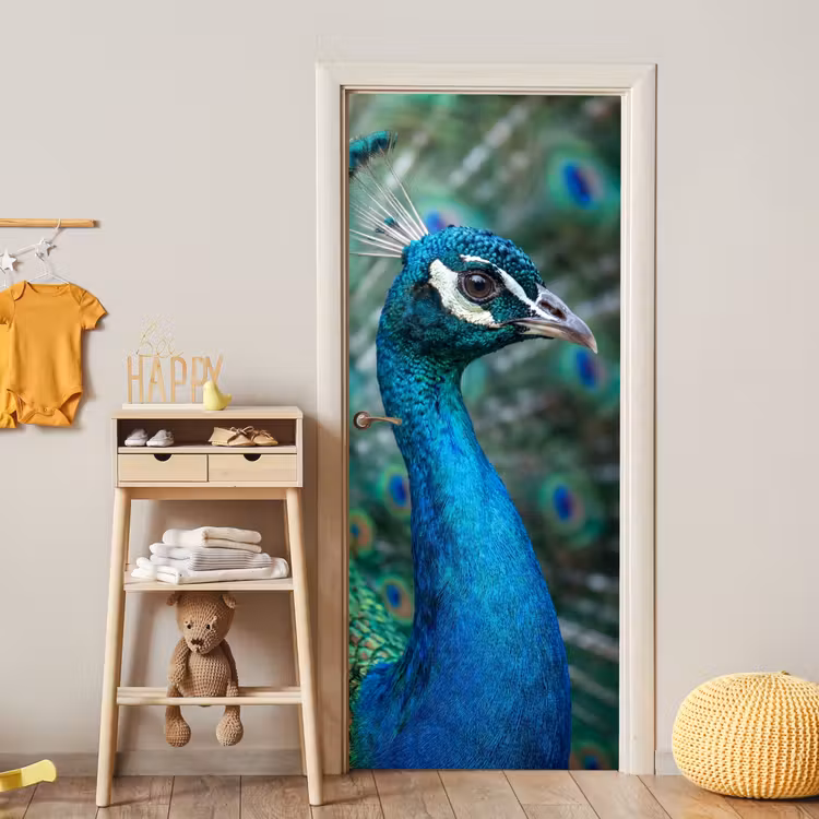 Pauw - Veren - Blauw deurposter klein -sfeer4