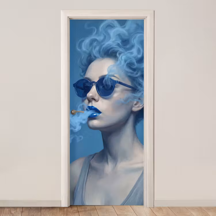 Portret - Zonnebril - Rook - Abstract - Blauw deurposter klein -3d_beige
