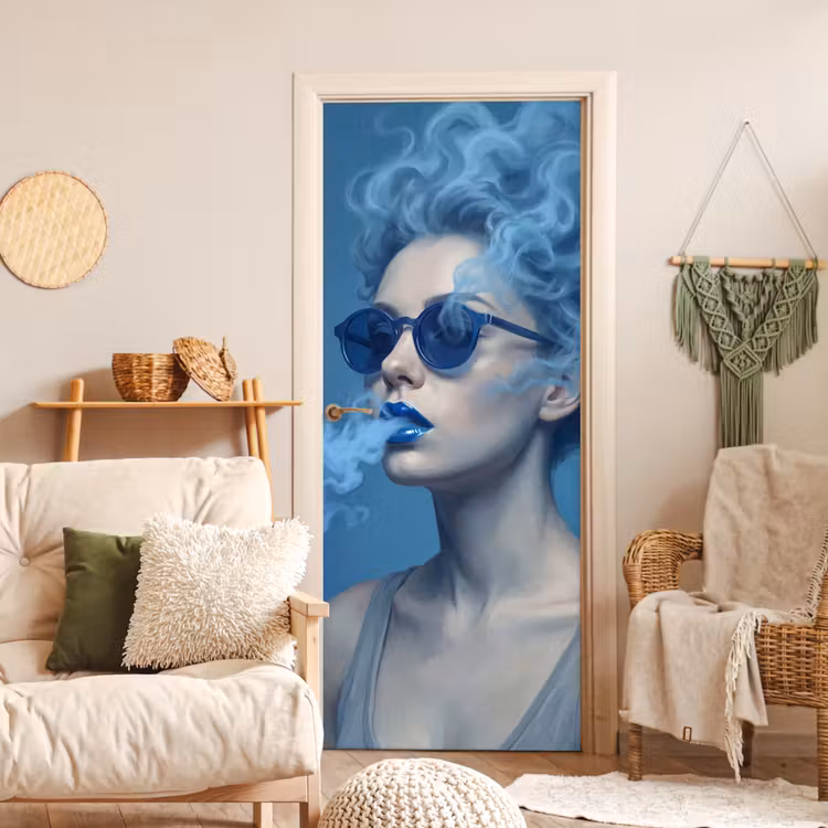 Portret - Zonnebril - Rook - Abstract - Blauw deurposter klein -sfeer2