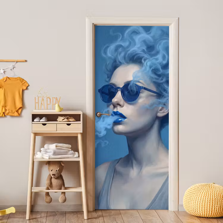 Portret - Zonnebril - Rook - Abstract - Blauw deurposter klein -sfeer4