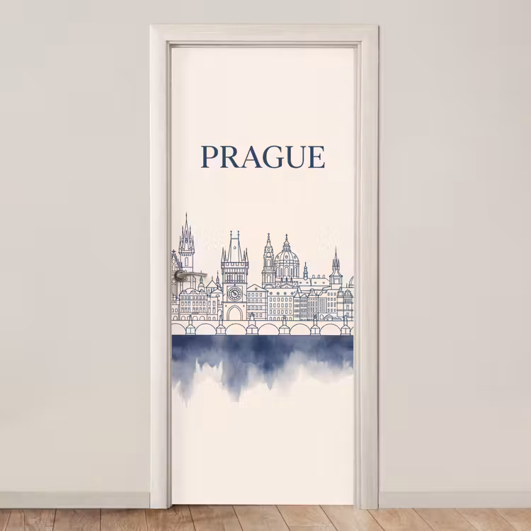 Praag - Skyline - Architectuur - Blauw deurposter klein -3d_beige