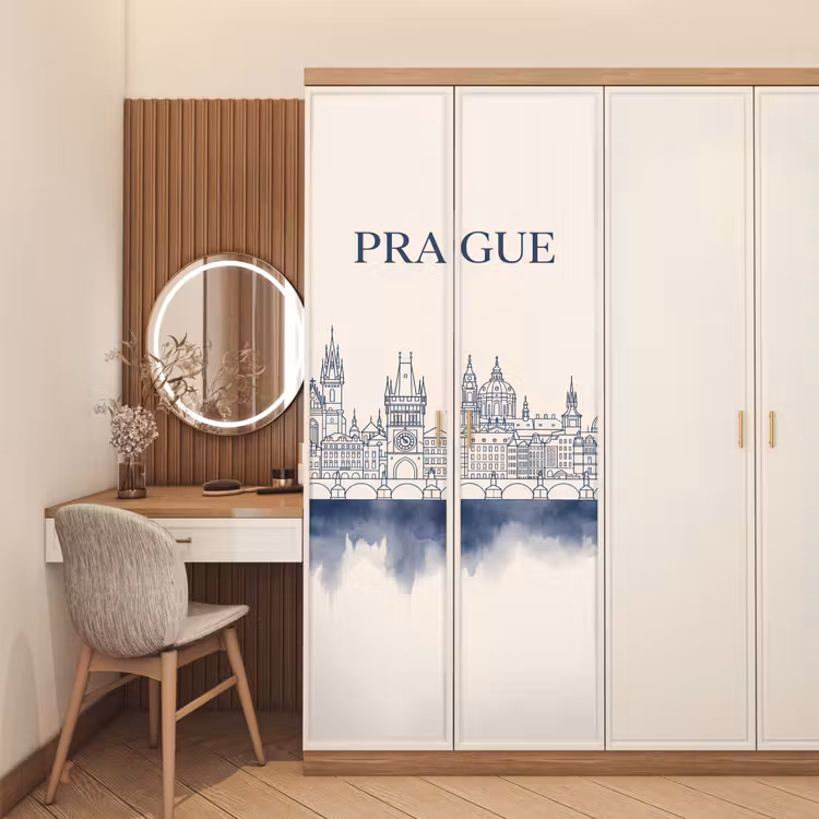 Praag - Skyline - Architectuur - Blauw deurposter klein -sfeer3