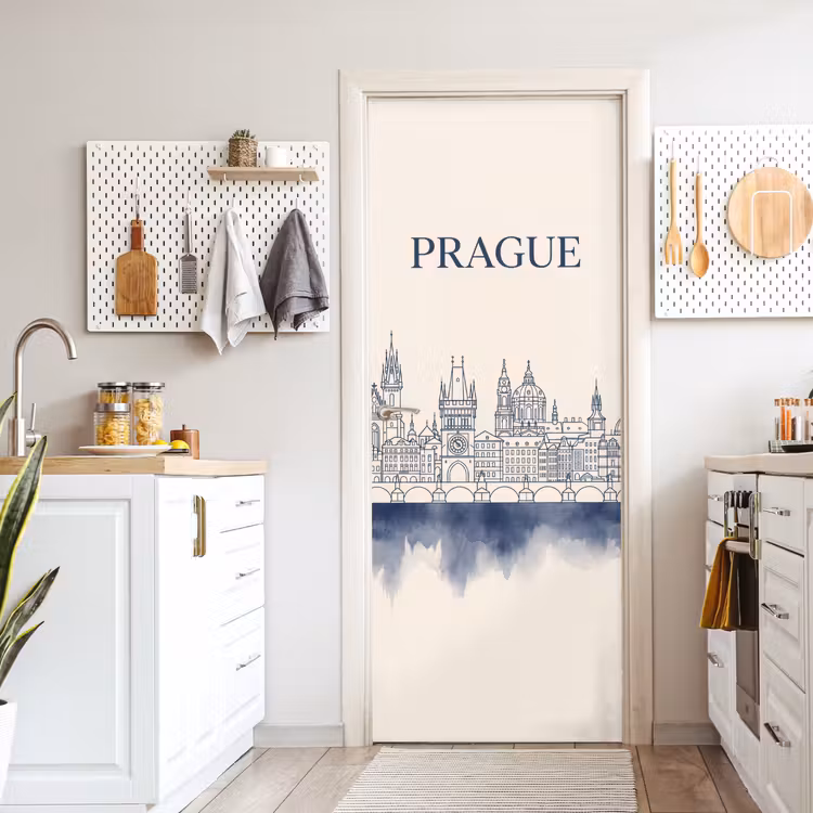 Praag - Skyline - Architectuur - Blauw deurposter klein -sfeer5