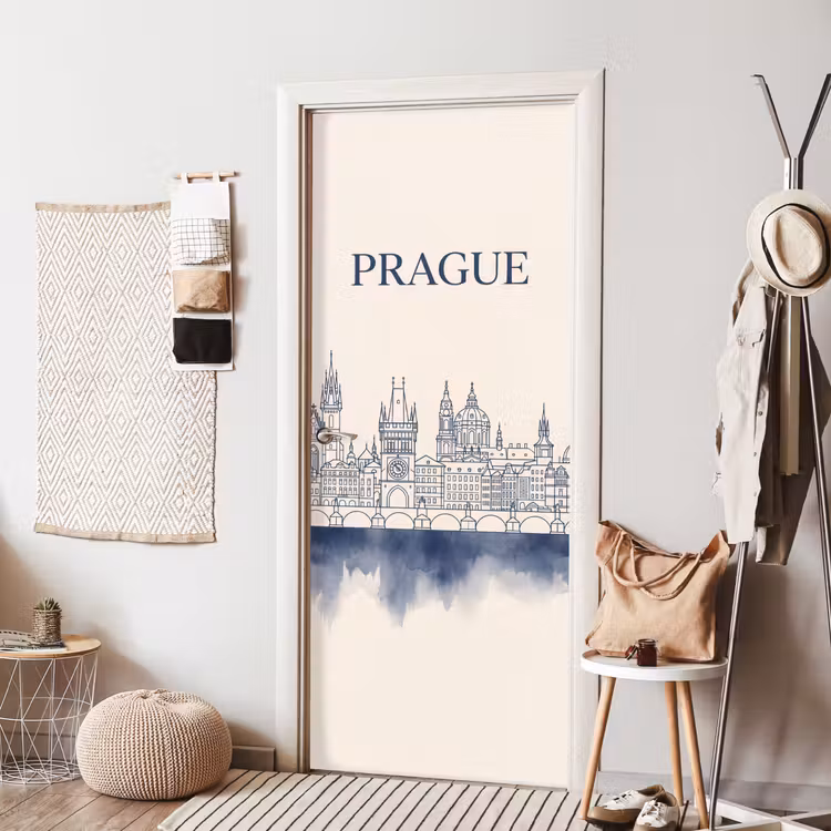 Praag - Skyline - Architectuur - Blauw deurposter klein -sfeer6