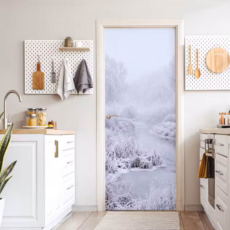 Rivier - Sneeuw - Bos - Winter - Schilderachtig deurposter klein -sfeer5
