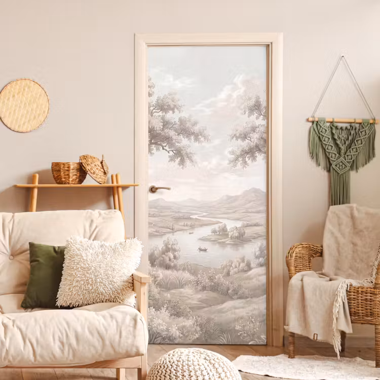 Rivierlandschap - Bergen - Natuur - Vintage - Beige deurposter klein -sfeer2