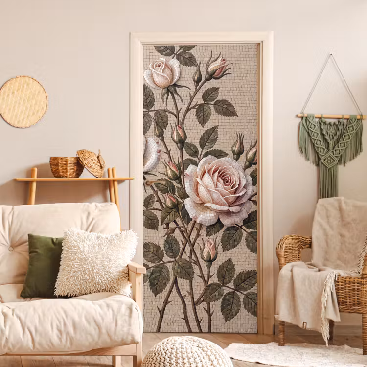 Roos - Mozaïek - Bloemen - Klassiek - Beige deurposter klein -sfeer2