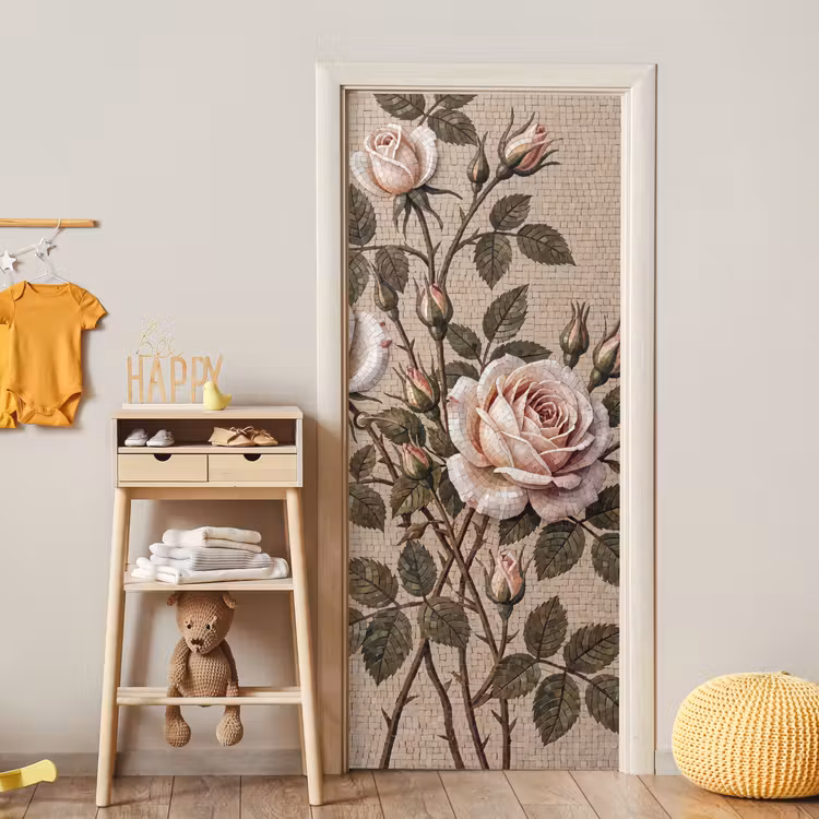 Roos - Mozaïek - Bloemen - Klassiek - Beige deurposter klein -sfeer4
