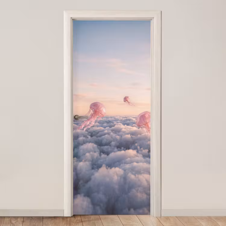 Deursticker - Roze dier - Wolken - Roze dier - Wolken deurposter klein