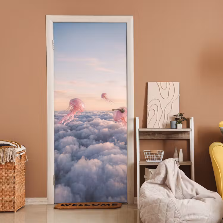 Deursticker - Roze dier - Wolken - Roze dier - Wolken deurposter klein
