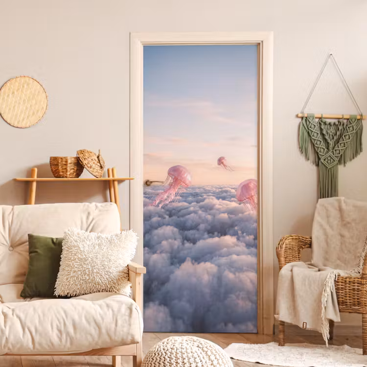 Deursticker - Roze dier - Wolken - Roze dier - Wolken deurposter klein
