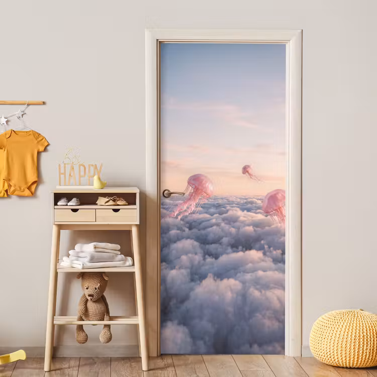 Deursticker - Roze dier - Wolken - Roze dier - Wolken deurposter klein
