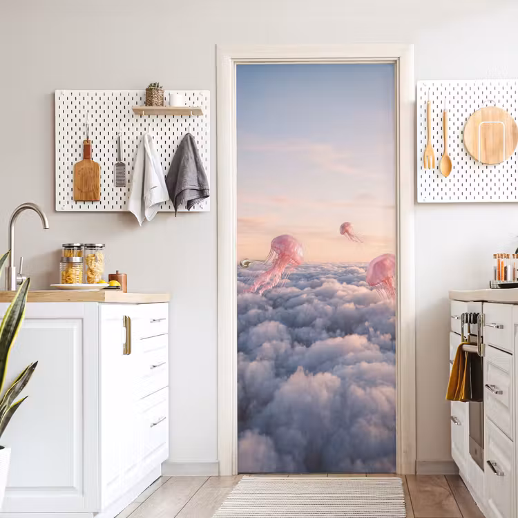 Deursticker - Roze dier - Wolken - Roze dier - Wolken deurposter klein