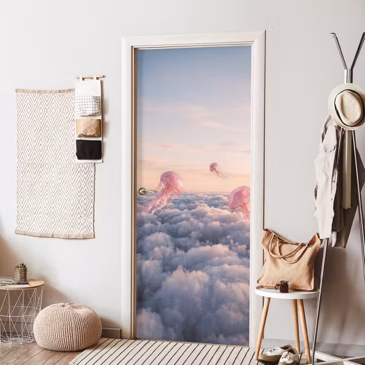 Deursticker - Roze dier - Wolken - Roze dier - Wolken deurposter klein