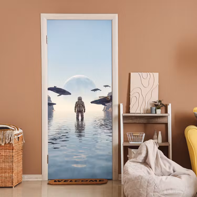 Deursticker - Ruimtevaarder - Walvis - Fantasie - Ruimtevaarder - Walvis - Fantasie deurposter klein