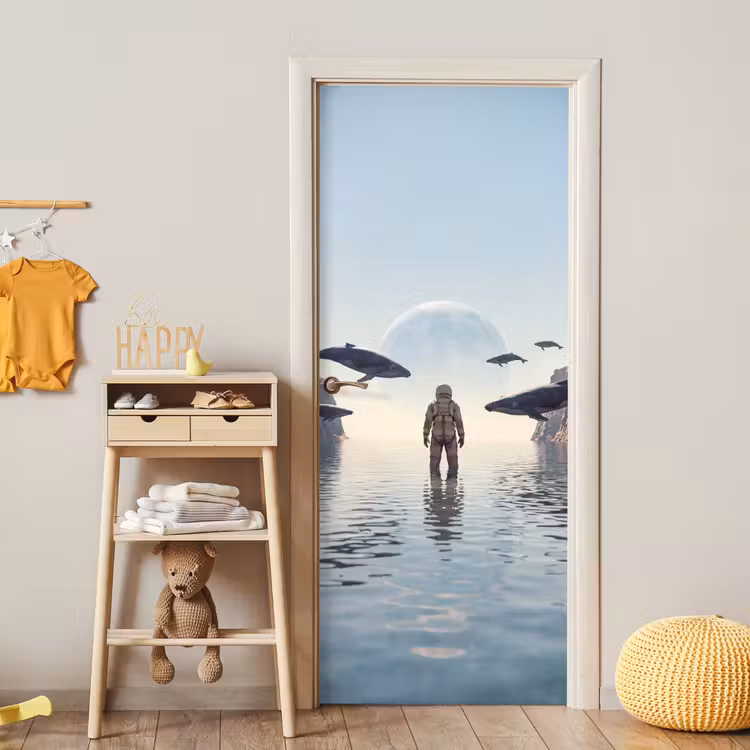 Deursticker - Ruimtevaarder - Walvis - Fantasie - Ruimtevaarder - Walvis - Fantasie deurposter klein