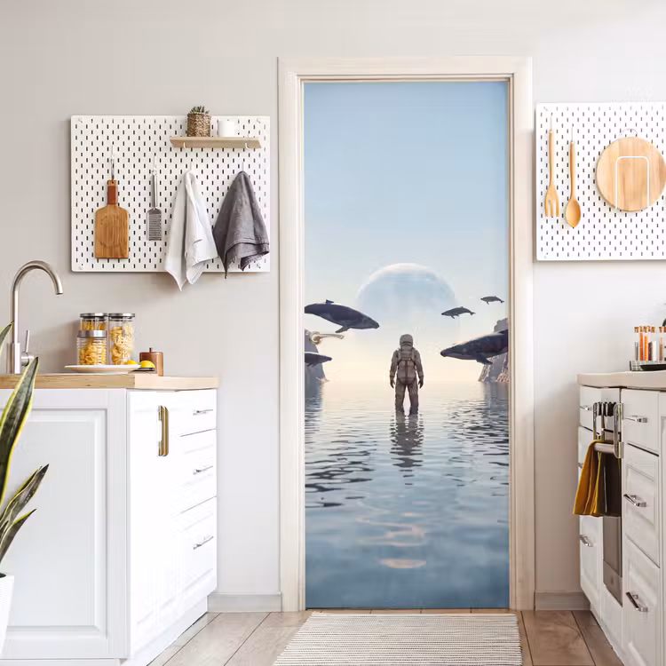 Deursticker - Ruimtevaarder - Walvis - Fantasie - Ruimtevaarder - Walvis - Fantasie deurposter klein