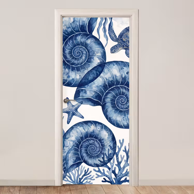 Schelp - Spiraal - Zeeleven - Aquarel - Blauw deurposter klein -3d_beige
