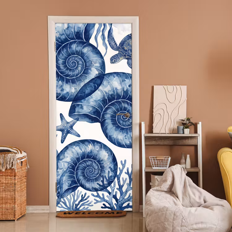 Schelp - Spiraal - Zeeleven - Aquarel - Blauw deurposter klein -sfeer1