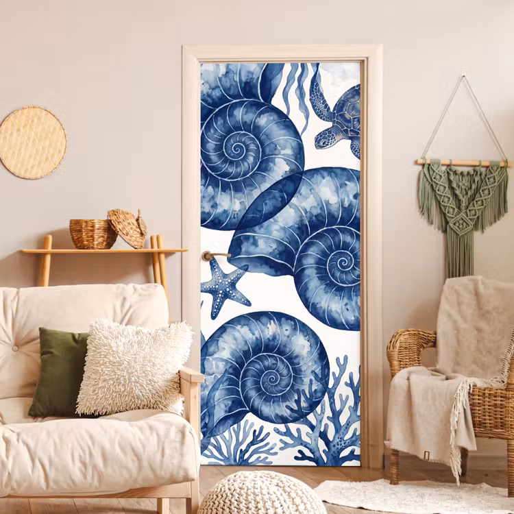 Schelp - Spiraal - Zeeleven - Aquarel - Blauw deurposter klein -sfeer2