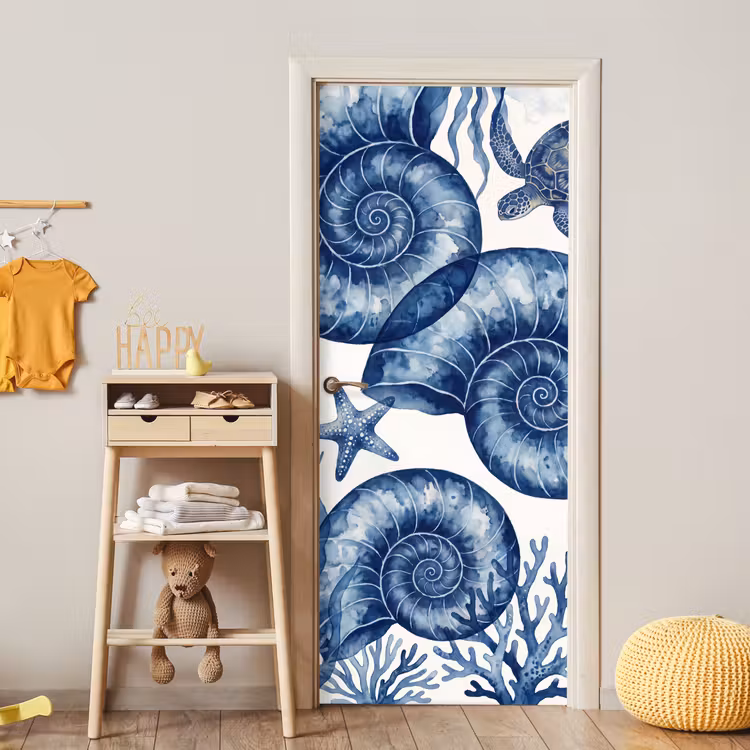 Schelp - Spiraal - Zeeleven - Aquarel - Blauw deurposter klein -sfeer4
