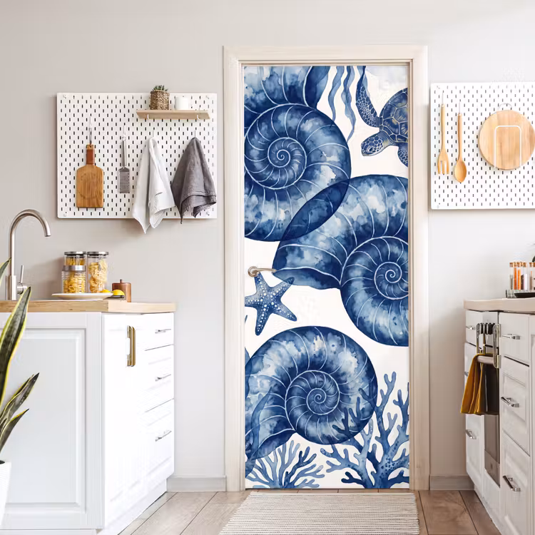 Schelp - Spiraal - Zeeleven - Aquarel - Blauw deurposter klein -sfeer5