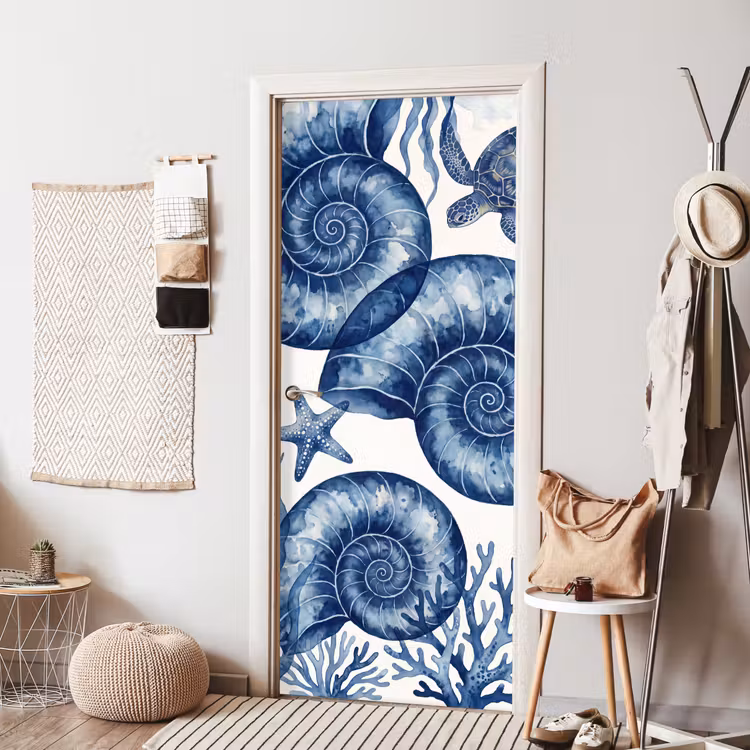 Schelp - Spiraal - Zeeleven - Aquarel - Blauw deurposter klein -sfeer6