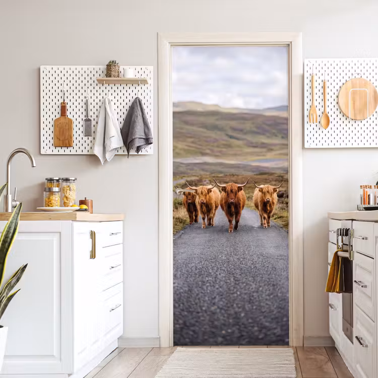 Schotse Hooglanders - Weg - Landschap - Kudde deurposter klein -sfeer5