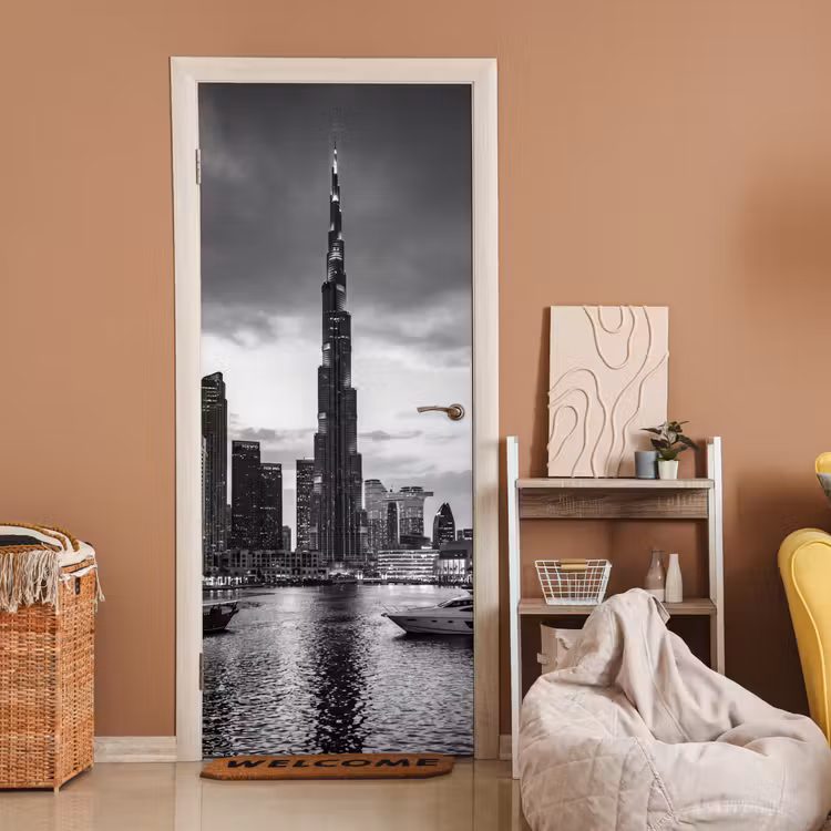 Stad - Skyline - Architectuur - Avond - Zwart-wit deurposter klein -sfeer1