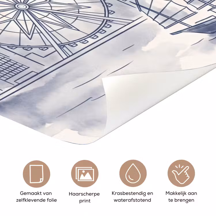 Stad - Skyline - Water - Lijntekening - Blauw deurposter klein -closeup_NL