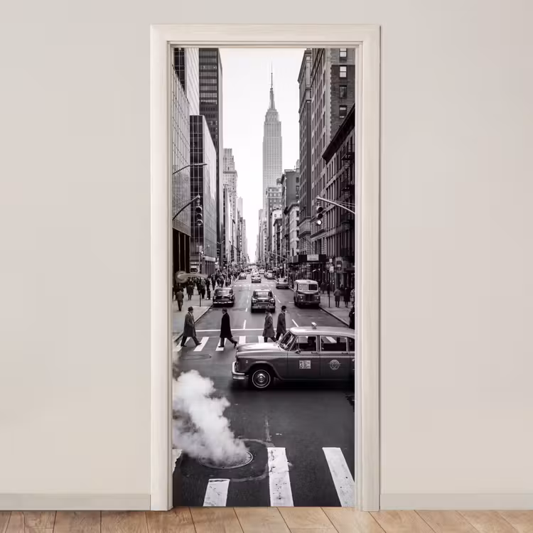 Stad - Straat - Gebouwen - Verkeer - Zwart-wit deurposter klein -3d_beige
