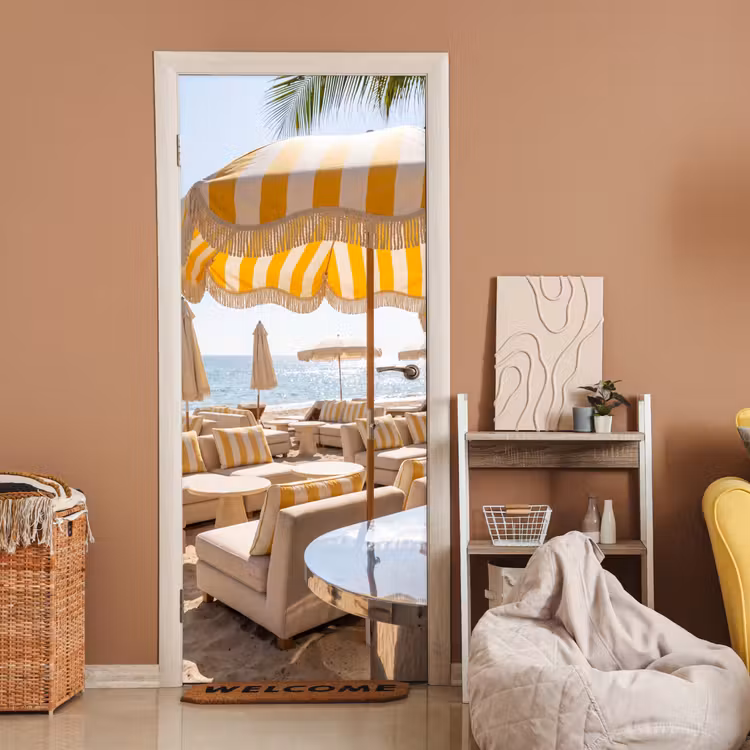 Strand - Ligbedden - Vakantie - Modern - Geel deurposter klein -sfeer1