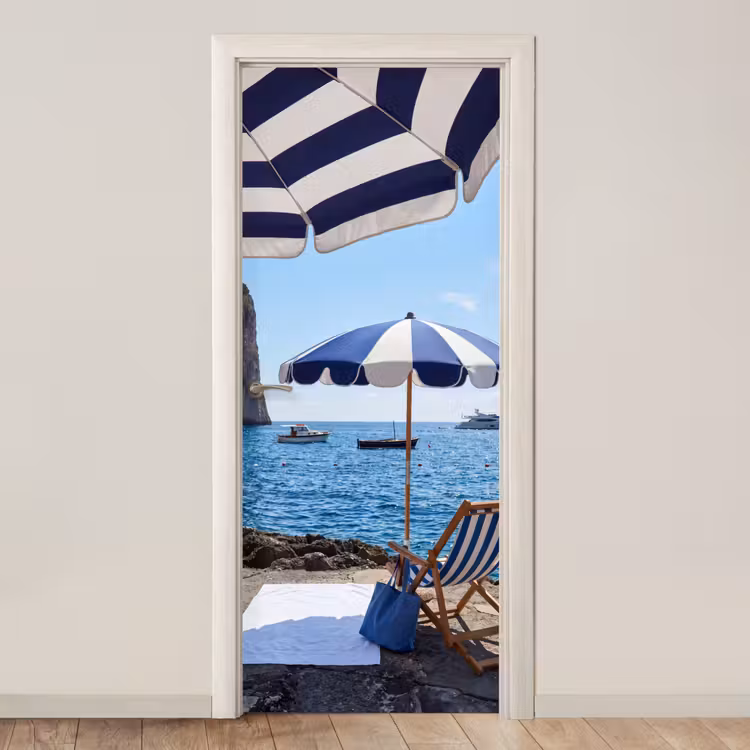 Strand - Ligstoel - Parasol - Zomer - Blauw deurposter klein -3d_beige