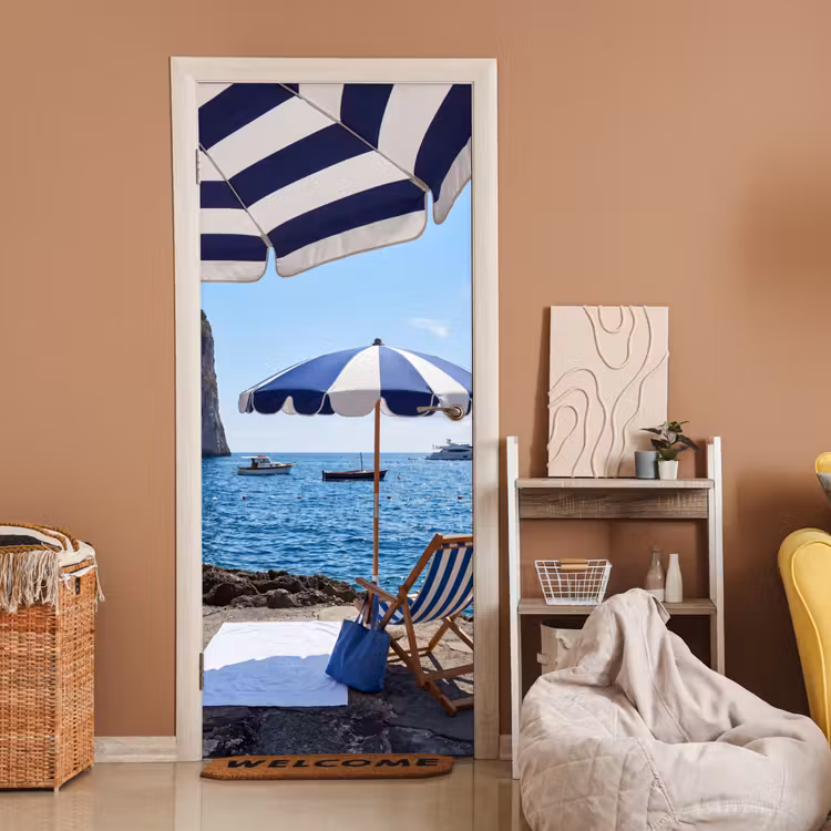 Strand - Ligstoel - Parasol - Zomer - Blauw deurposter klein -sfeer1