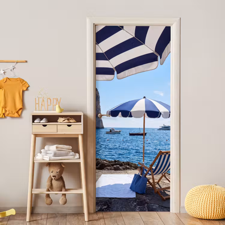 Strand - Ligstoel - Parasol - Zomer - Blauw deurposter klein -sfeer4