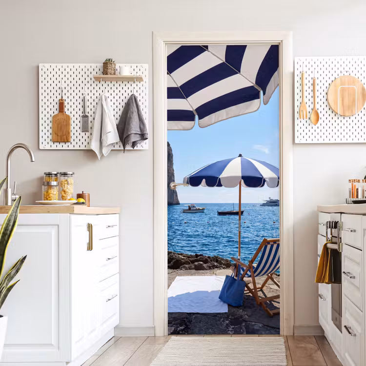 Strand - Ligstoel - Parasol - Zomer - Blauw deurposter klein -sfeer5