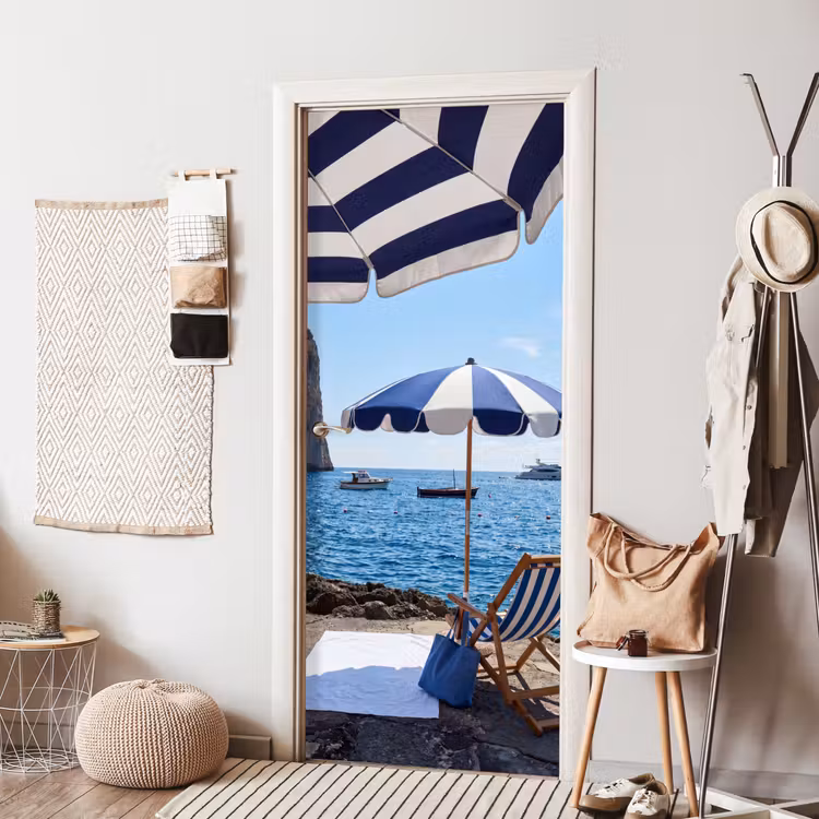 Strand - Ligstoel - Parasol - Zomer - Blauw deurposter klein -sfeer6