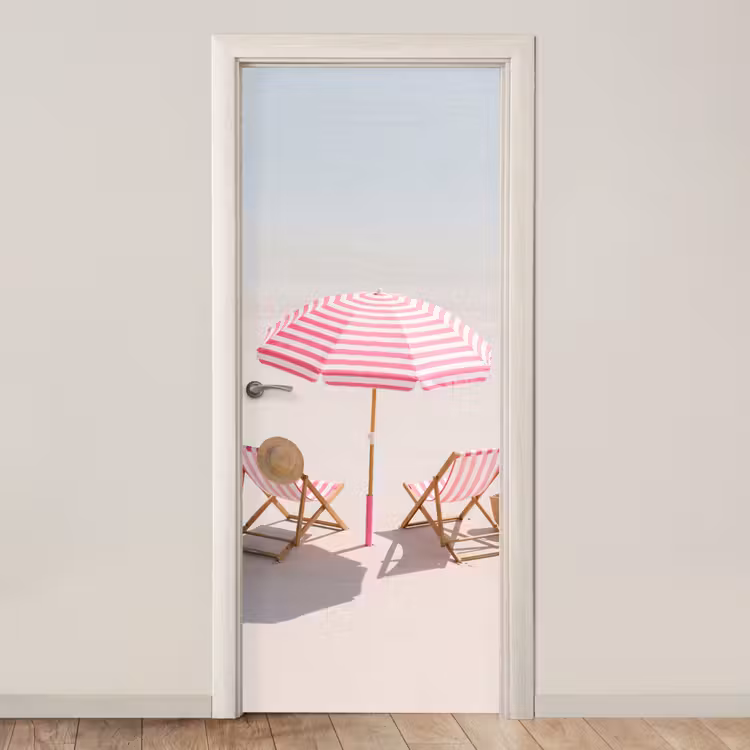 Strand - Parasol - Ligstoel - Zomer - Roze deurposter klein -3d_beige