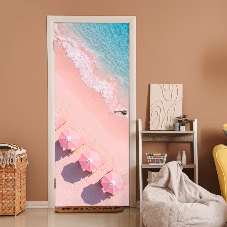 Strand - Roze zand - Zee - Zomer - Natuur deurposter klein -sfeer1