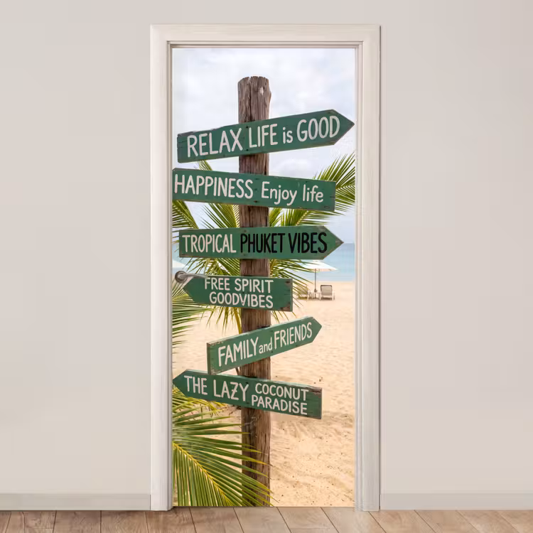Strand - Wegwijzer - Palmen - Tropisch - Groen deurposter klein -3d_beige