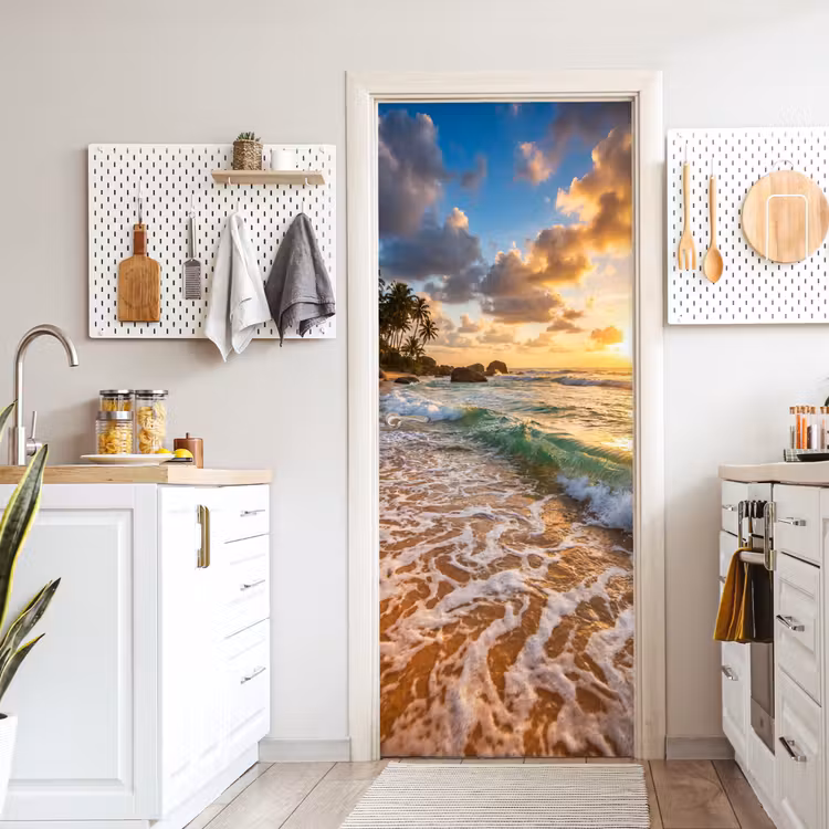 Strand - Zonsondergang - Golven - Natuur - Goud deurposter klein -sfeer5