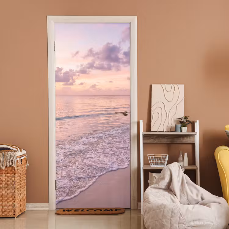 Strand - Zonsondergang - Natuur - Minimalistisch - Roze deurposter klein -sfeer1