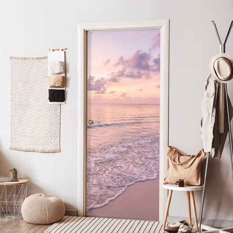 Strand - Zonsondergang - Natuur - Minimalistisch - Roze deurposter klein -sfeer6