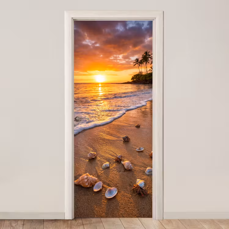 Strand - Zonsondergang - Palmbomen - Natuur - Oranje deurposter klein -3d_beige