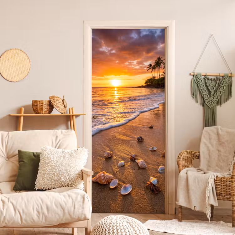 Strand - Zonsondergang - Palmbomen - Natuur - Oranje deurposter klein -sfeer2