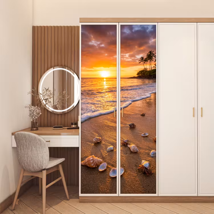 Strand - Zonsondergang - Palmbomen - Natuur - Oranje deurposter klein -sfeer3